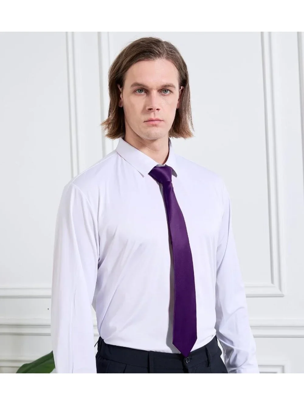 Men's Dark Purple Solid Microfiber Plain Formal Silk Necktie For Business Dress